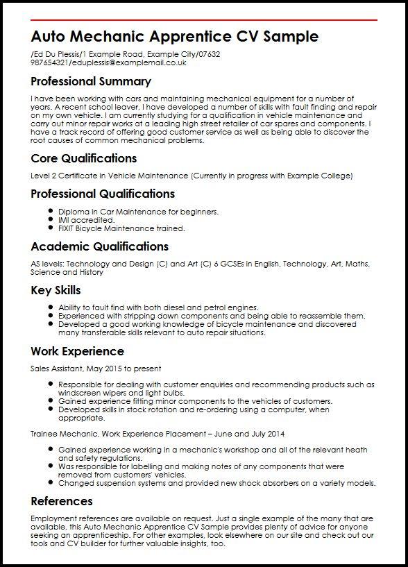 resume for mechanic apprentice