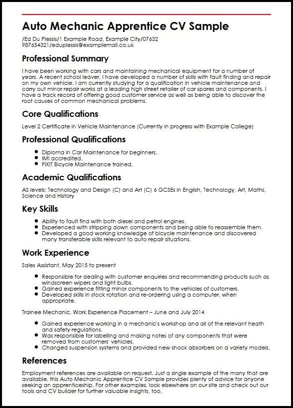 auto mechanic apprentice cv sample myperfectcv sample resume for mechanic