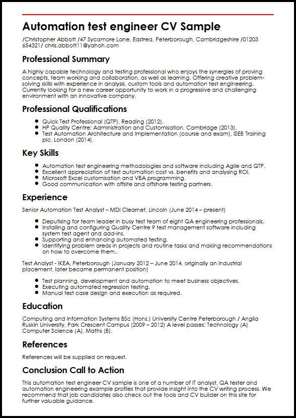 sample resume for automation test engineer selenium