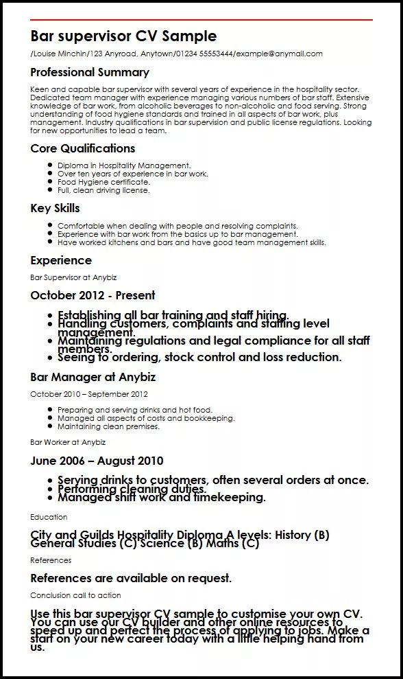 bar supervisor cv sample myperfectcv bar manager cv