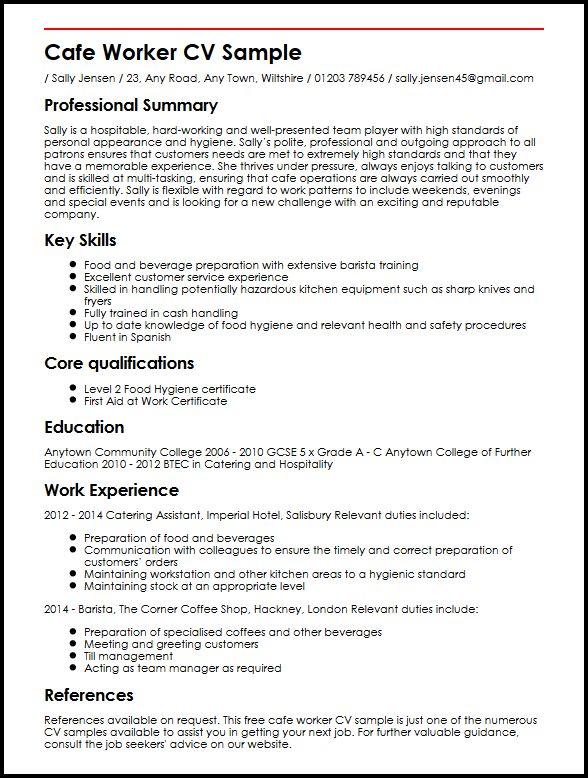 Cafe Worker Cv Example Myperfectcv