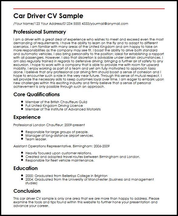 cv personal statement examples for driving jobs