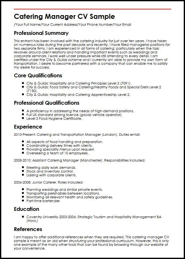catering manager cv sample