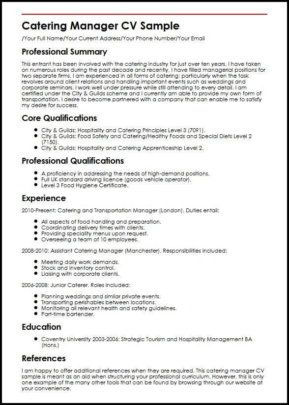 Catering Manager CV Sample  MyperfectCV