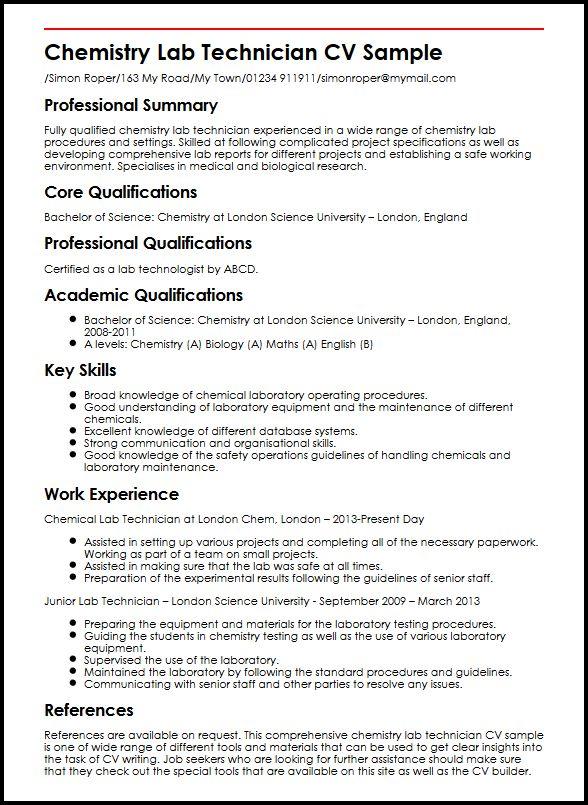 Chemistry Lab Technician CV Sample - MyPerfectCV