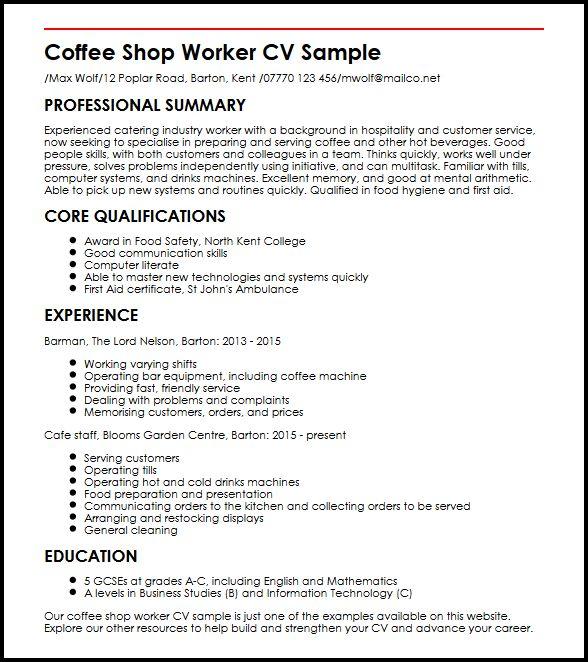 Coffee Shop Worker Cv Sample Myperfectcv