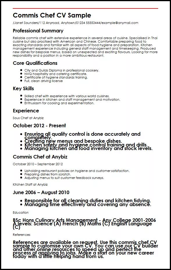 Commis Chef Cv Sample Myperfectcv