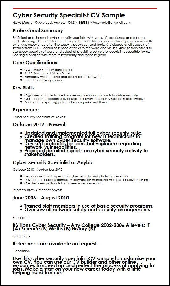 cyber security specialist cv sample