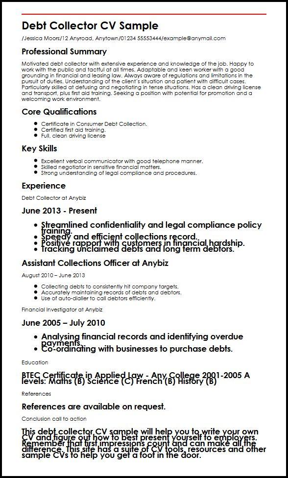 Debt Collector CV Sample  MyperfectCV