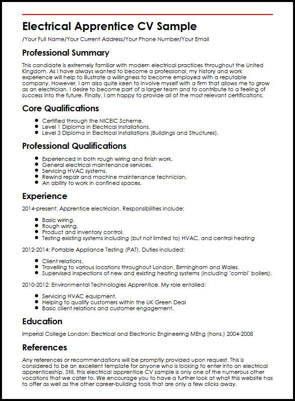 Electrical Apprentice CV Sample - MyPerfectCV