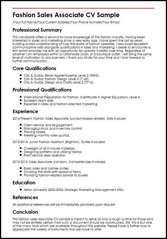 Fashion Sales Associate Cv Sample Myperfectcv