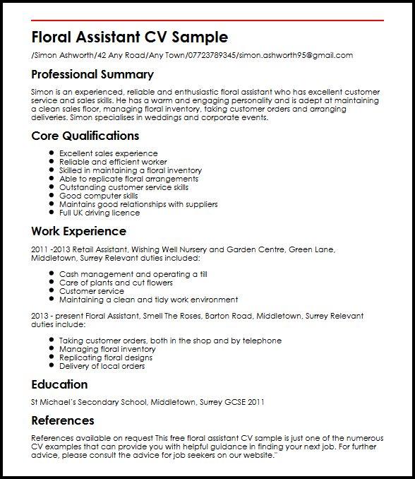 Floral Assistant CV Sample - MyPerfectCV