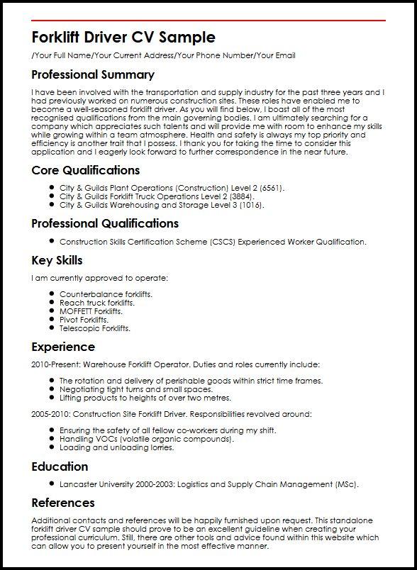 Forklift Driver Cv Example Myperfectcv