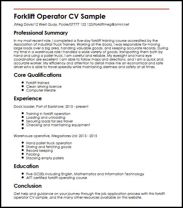 Learn How To Create A Perfect Forklift Operator Cv Myperfectcv