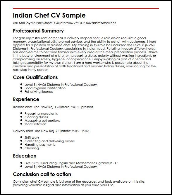 Indian Chef Cv Sample Myperfectcv