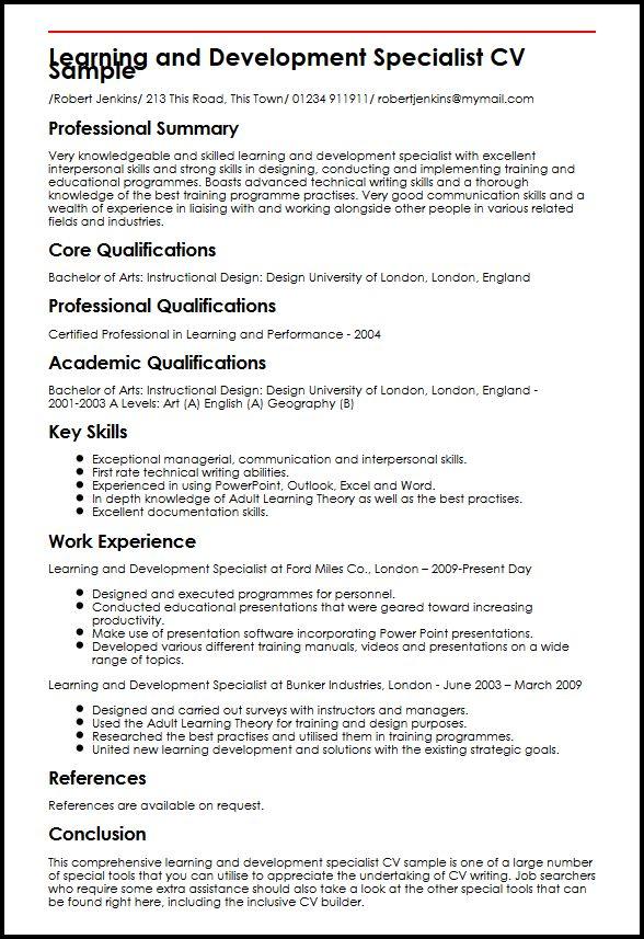 learning and development specialist cv sample