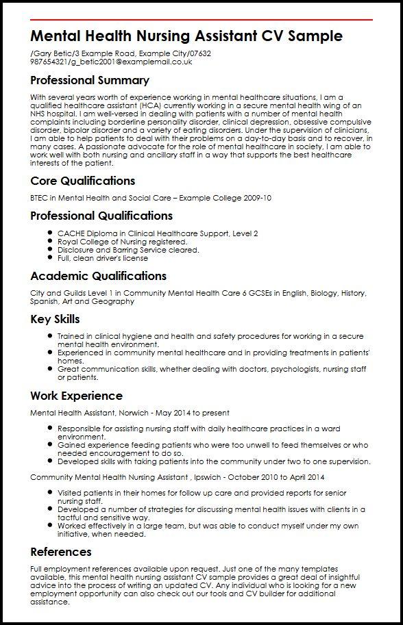 Mental Health Nursing Assistant Cv Sample Myperfectcv