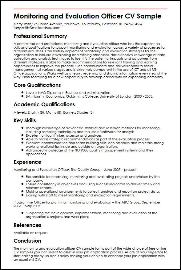 Monitoring and Evaluation Officer CV Sample - MyPerfectCV