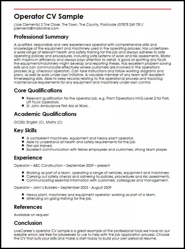 operator cv sample myperfectcv resume personal information