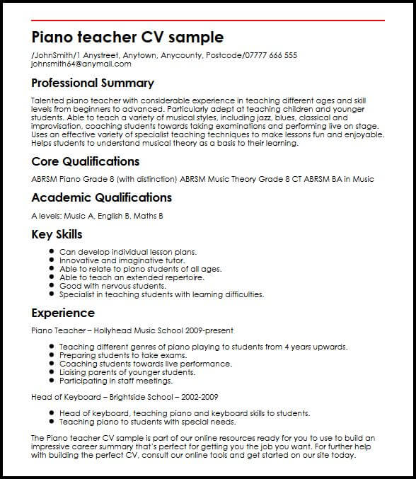 Piano Teacher Cv Example Myperfectcv