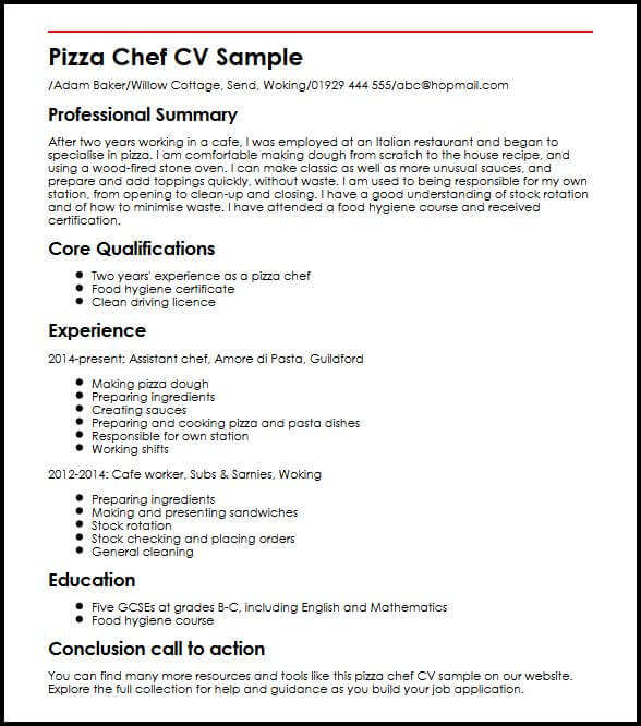 pizza chef cv sample