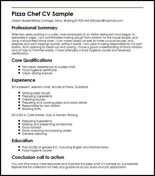 Pizza Chef CV Sample - MyPerfectCV