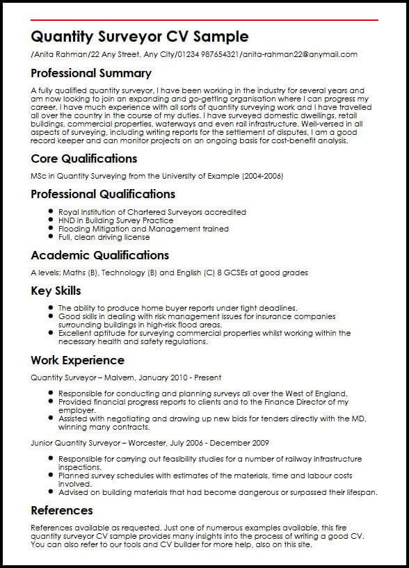 Quantity Surveyor CV Sample - MyPerfectCV