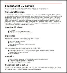 receptionist cv sample myperfectcv receptionist cv sample