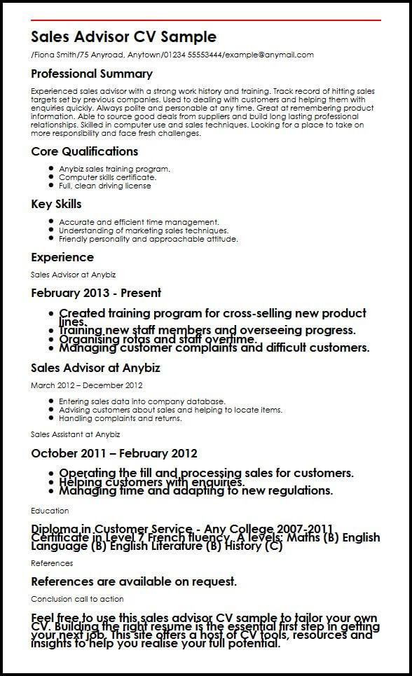 cv writing for sales assistant
