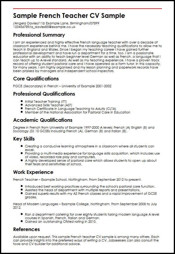 French Teacher Cv Example Myperfectcv