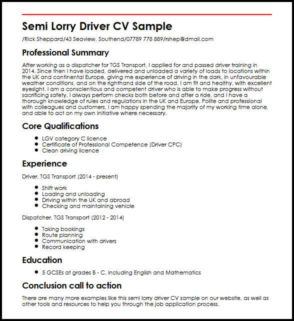 semi lorry driver cv sample