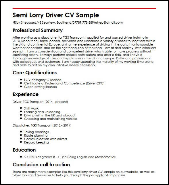 cv personal statement driver