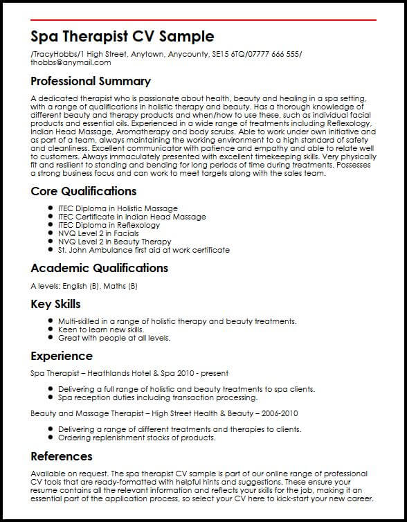 Spa Therapist CV Sample  MyperfectCV