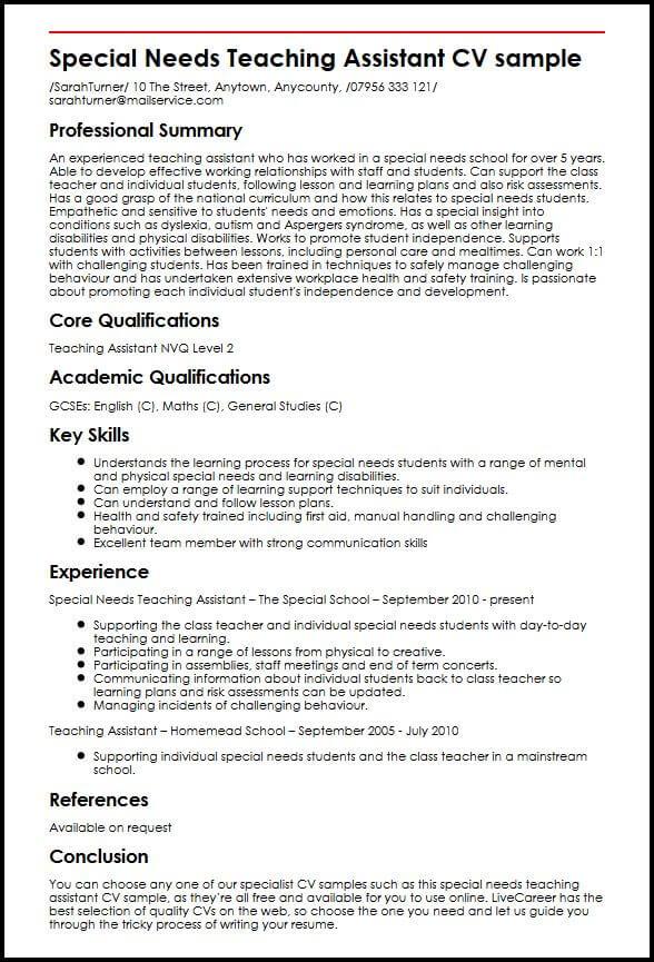 special needs teaching assistant cv sample