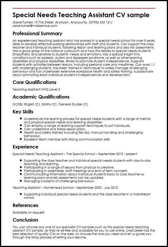 Special Needs Teaching Assistant CV sample  MyperfectCV