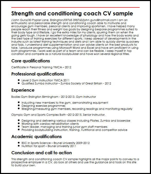 strength and conditioning coach cv sample