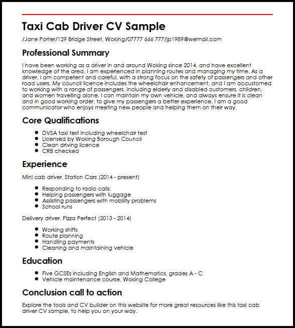 sample resume for taxi driver