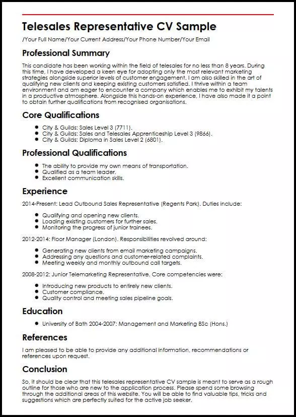 Telesales Representative Cv Sample Myperfectcv