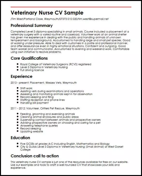 veterinary nurse cv sample myperfectcv registered nurse cv example