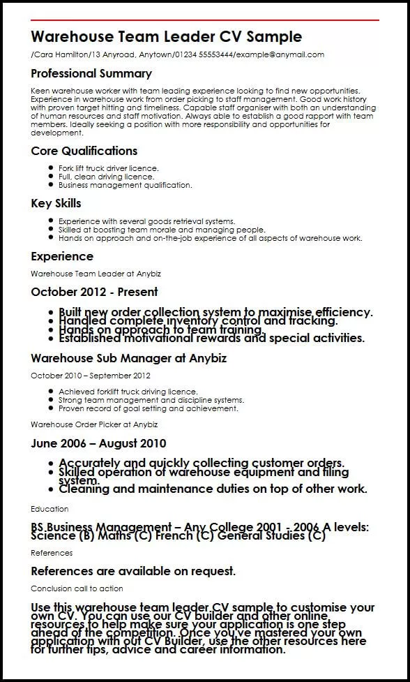 warehouse team leader cv sample myperfectcv warehouse worker resume sample best sample resumes