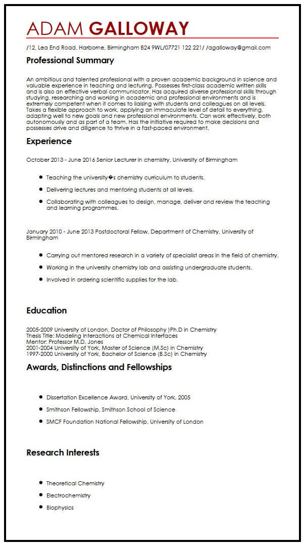 Academic Cv Example Myperfectcv