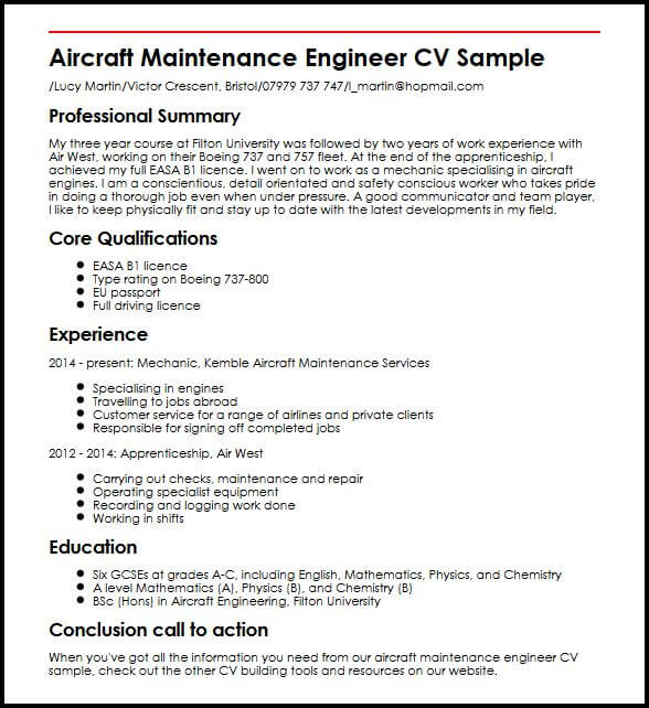 aircraft maintenance engineer cv sample