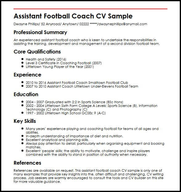 assistant football coach cv sample