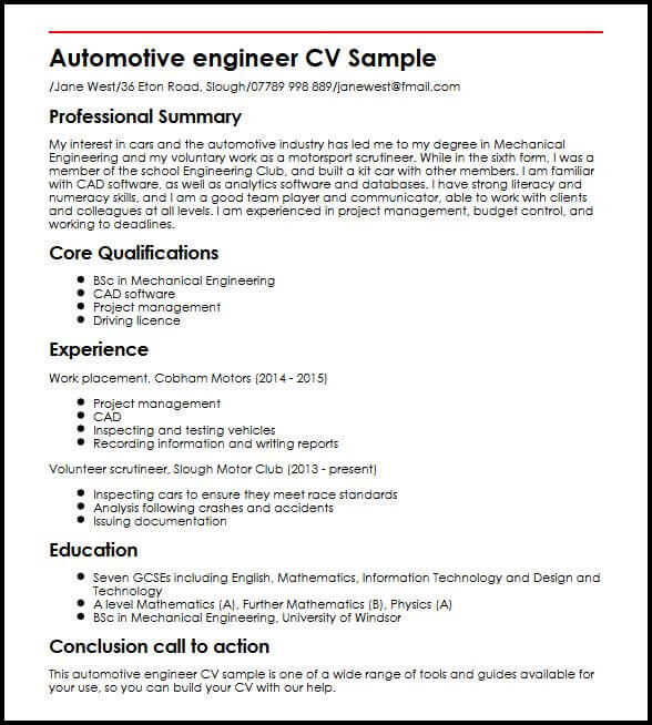 automotive engineer cv sample