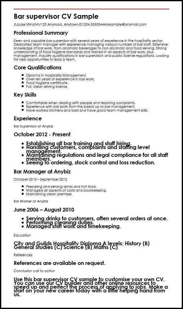 bar supervisor cv sample myperfectcv
