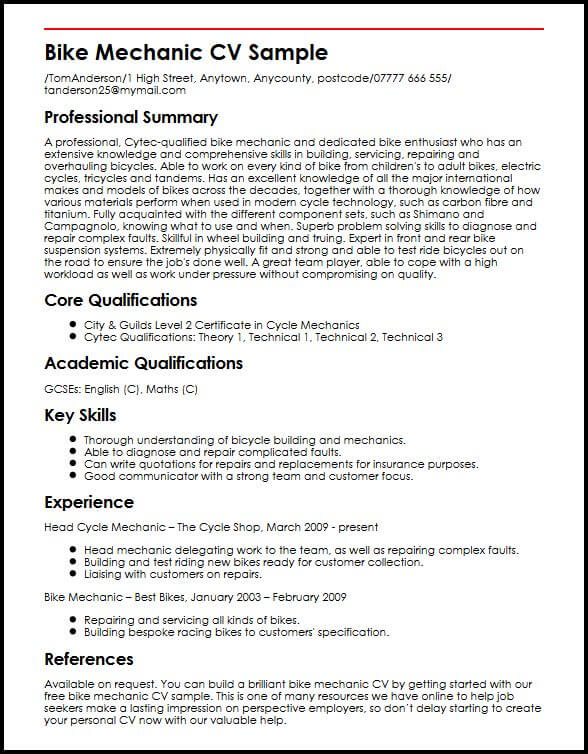 bike mechanic cv sample myperfectcv resume for auto mechanic