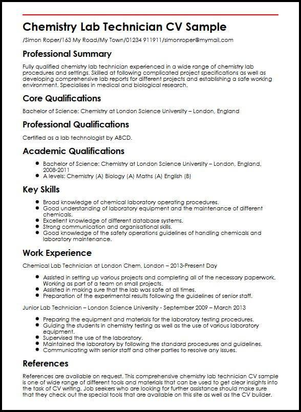 Chemistry Lab Technician CV Sample  MyperfectCV