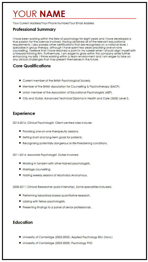 examples of clinical psychology cv