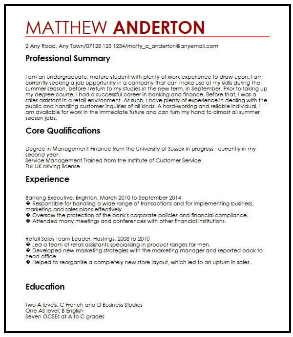 cv example for a part-time job