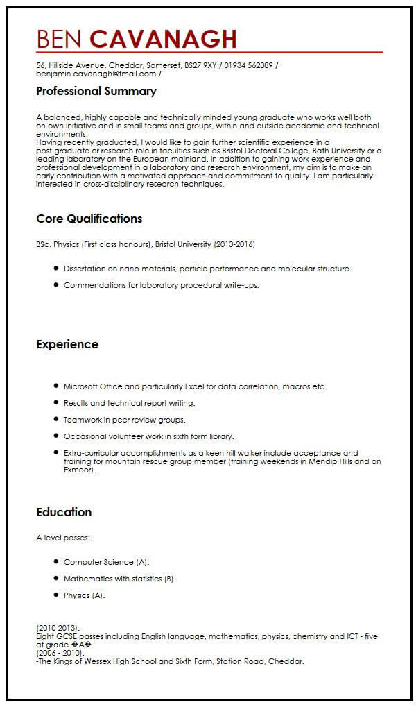 cv example for graduate students